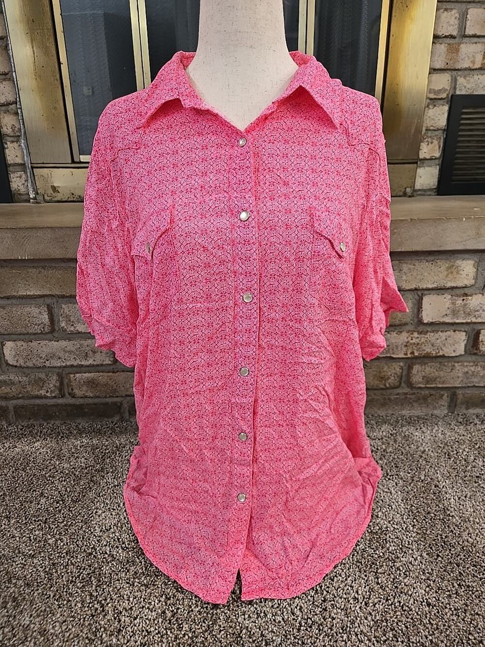 Wrangler Wrancher Pearl Snap Shirt Womans Sz XL Pink Paisley Western Rockabilly